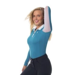 Horze Women's Trista Long Sleeve Technical Sun Shirt - Paradise Blue/White -Kensington Shop 383951 800 800
