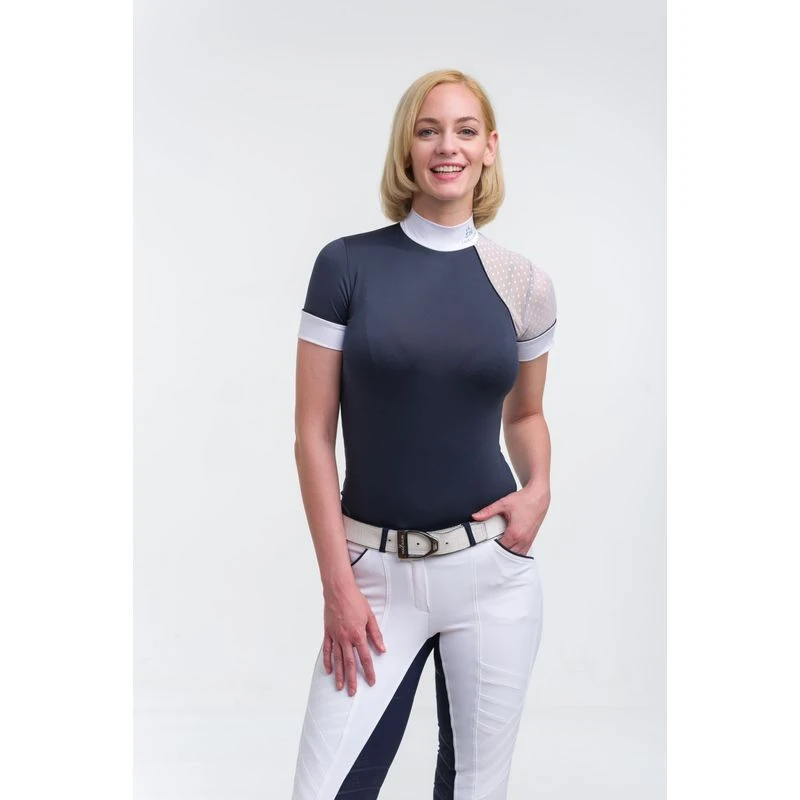 Cavalliera Women's Modern Dame Short Sleeve Show Shirt - Navy Blue/White/Navy Blue 1 Cavalliera Women's Modern Dame Short Sleeve Show Shirt - Navy Blue/White/Navy Blue
