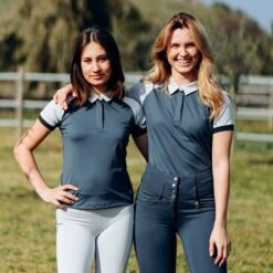 Horze Women's Laura Ventilated Polo Training Shirt - Obscure Night Blue/ Pebble Grey -Kensington Shop 549262 800 800