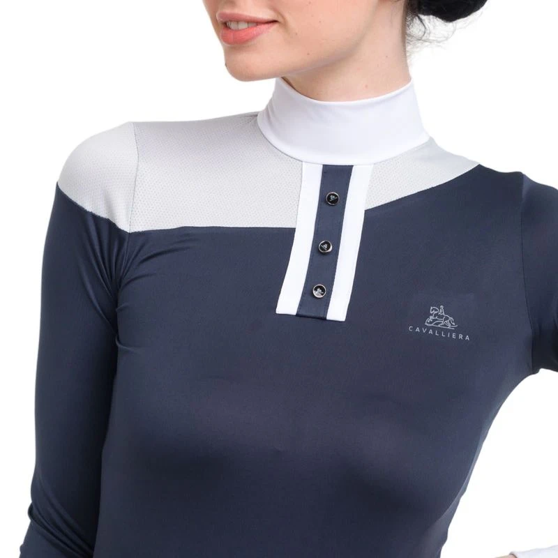 Cavalliera Women's High Performance Long Sleeve Oval Show Shirt - Navy Blue/Grey 2 Cavalliera Women's High Performance Long Sleeve Oval Show Shirt - Navy Blue/Grey - Image 2