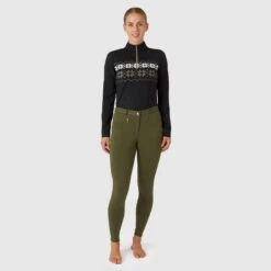 Horze Women's Active Knee Patch Breeches - Beetle Khaki Green -Kensington Shop 601125 800 800