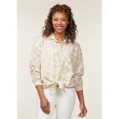 EQL Women's Soft Touch Print Button Up Shirt - Latte Countryside -Kensington Shop 650521 800 800