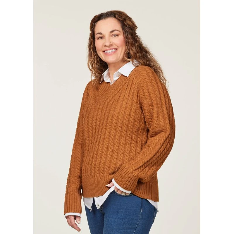 EQL Women's Brittany Cable Knit V-Neck Sweater - Spice 2 EQL Women's Brittany Cable Knit V-Neck Sweater - Spice - Image 2