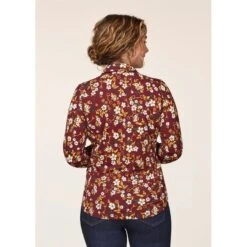 EQL Women's Ruched Button Front Long Sleeve Shirt - Sangria Snaffle Floral -Kensington Shop 698682 800 800