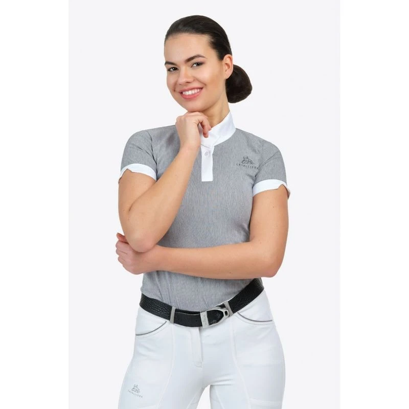 Cavalliera Women's Universe Short Sleeve Show Shirt - White/Black Microstripe 1 Cavalliera Women's Universe Short Sleeve Show Shirt - White/Black Microstripe