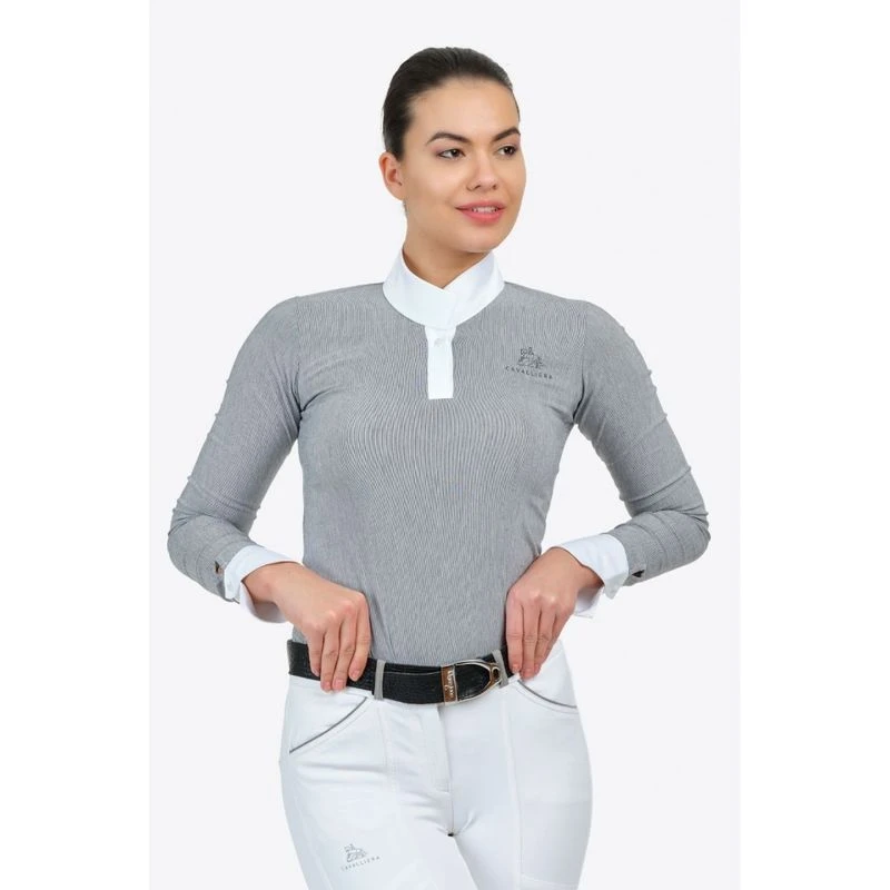 Cavalliera Women's Universe Long Sleeve Show Shirt - White/Black Microstripe 1 Cavalliera Women's Universe Long Sleeve Show Shirt - White/Black Microstripe
